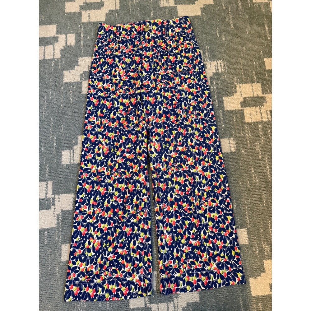 Maeve Anthropologie The Colette Wide Leg Crop Pants Fruit Print Navy Red 27